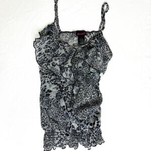 Black silver leopard print cami top with ruffles and tie straps